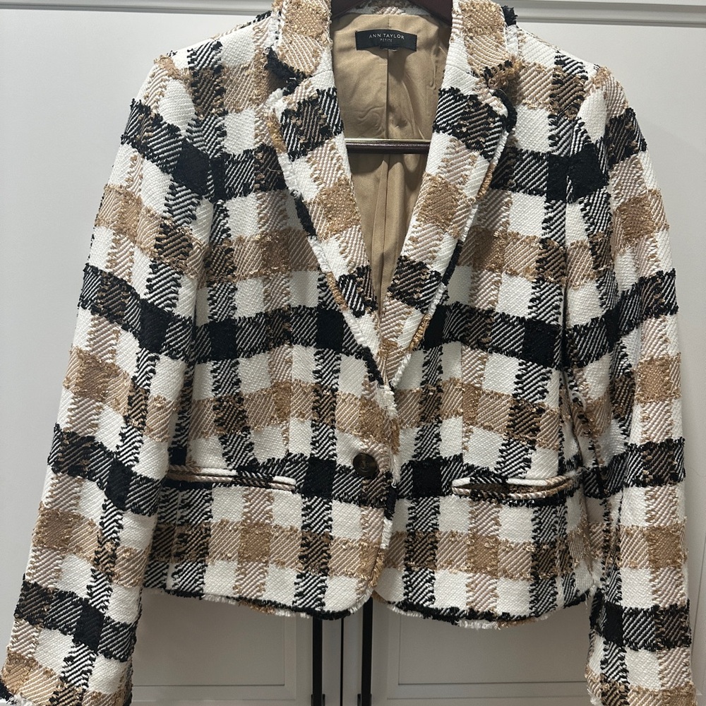 Ann Taylor Plaid Blazer - Black, White, Tan